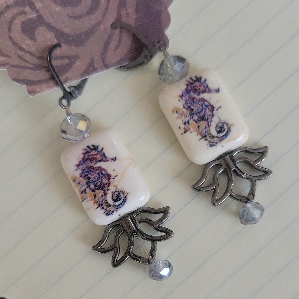Seahorse Ceramic Drop Earrings in White and Purple